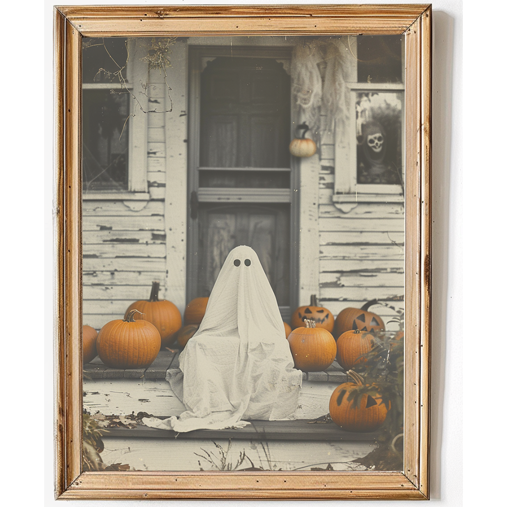Ghost on Porch Halloween Wall Decor. Unframed