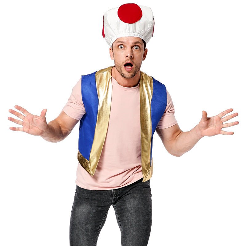 Adult Toad Costume. Mushroom Hat, Tshirt & Vest