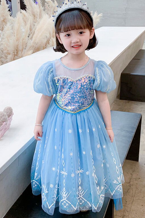 Elsa Inspired Dress For Kids Short Sleeve With Trail