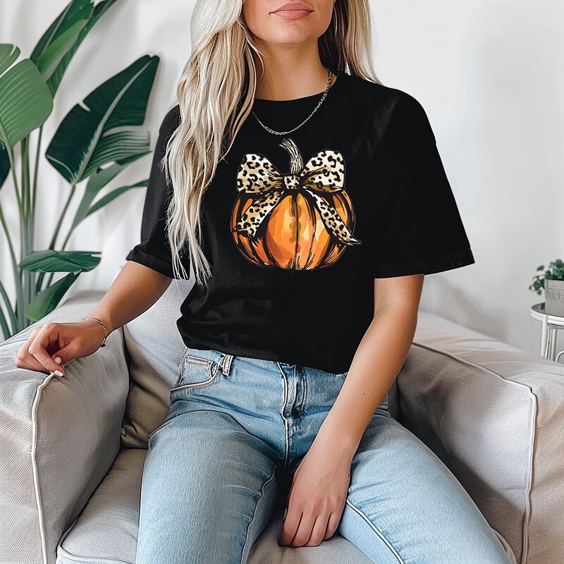 Leopard Print Pumpkin Halloween T Shirt for Women