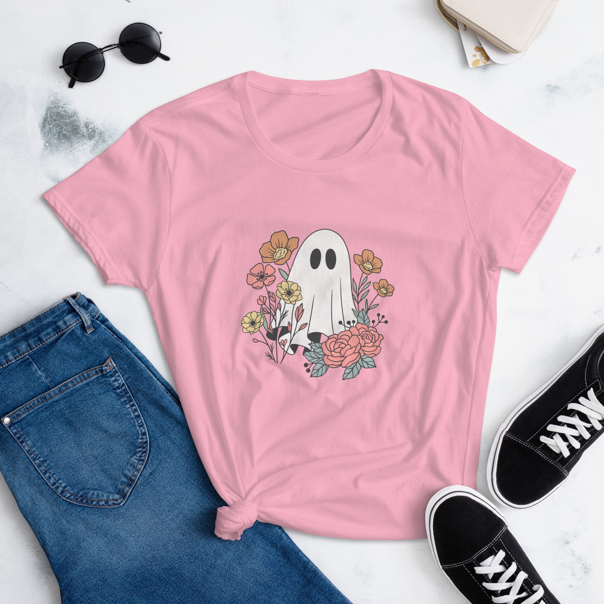 Floral Ghost Halloween T Shirt for Women